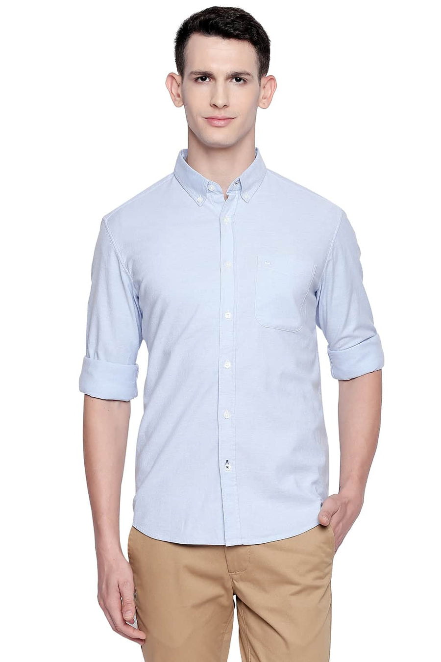 BASICS SLIM FIT CASHMERE BLUE OXFORD STRETCH SHIRT