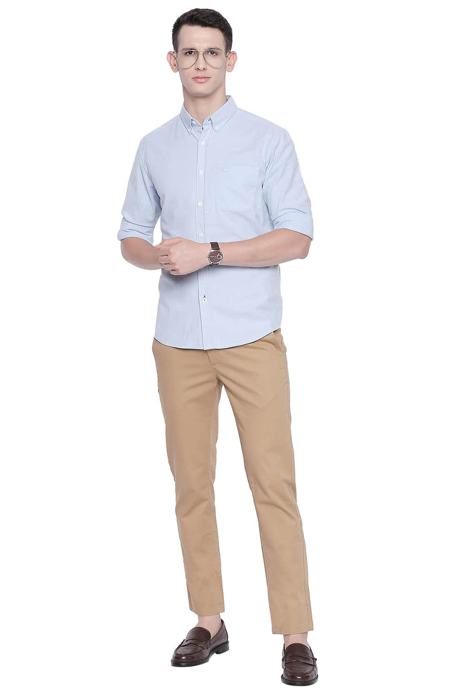 BASICS SLIM FIT CASHMERE BLUE OXFORD STRETCH SHIRT