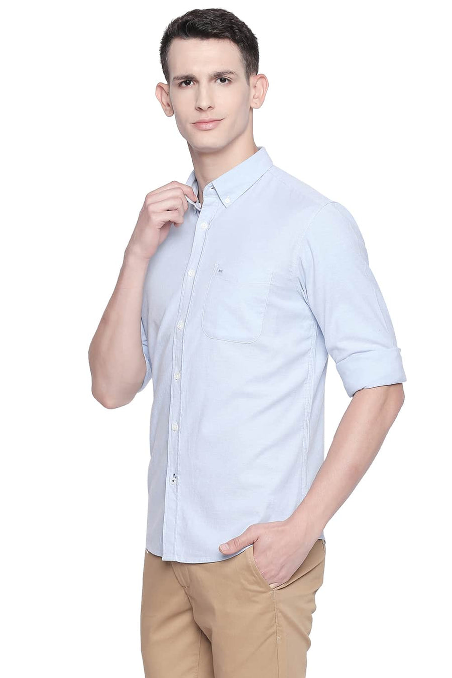 BASICS SLIM FIT CASHMERE BLUE OXFORD STRETCH SHIRT
