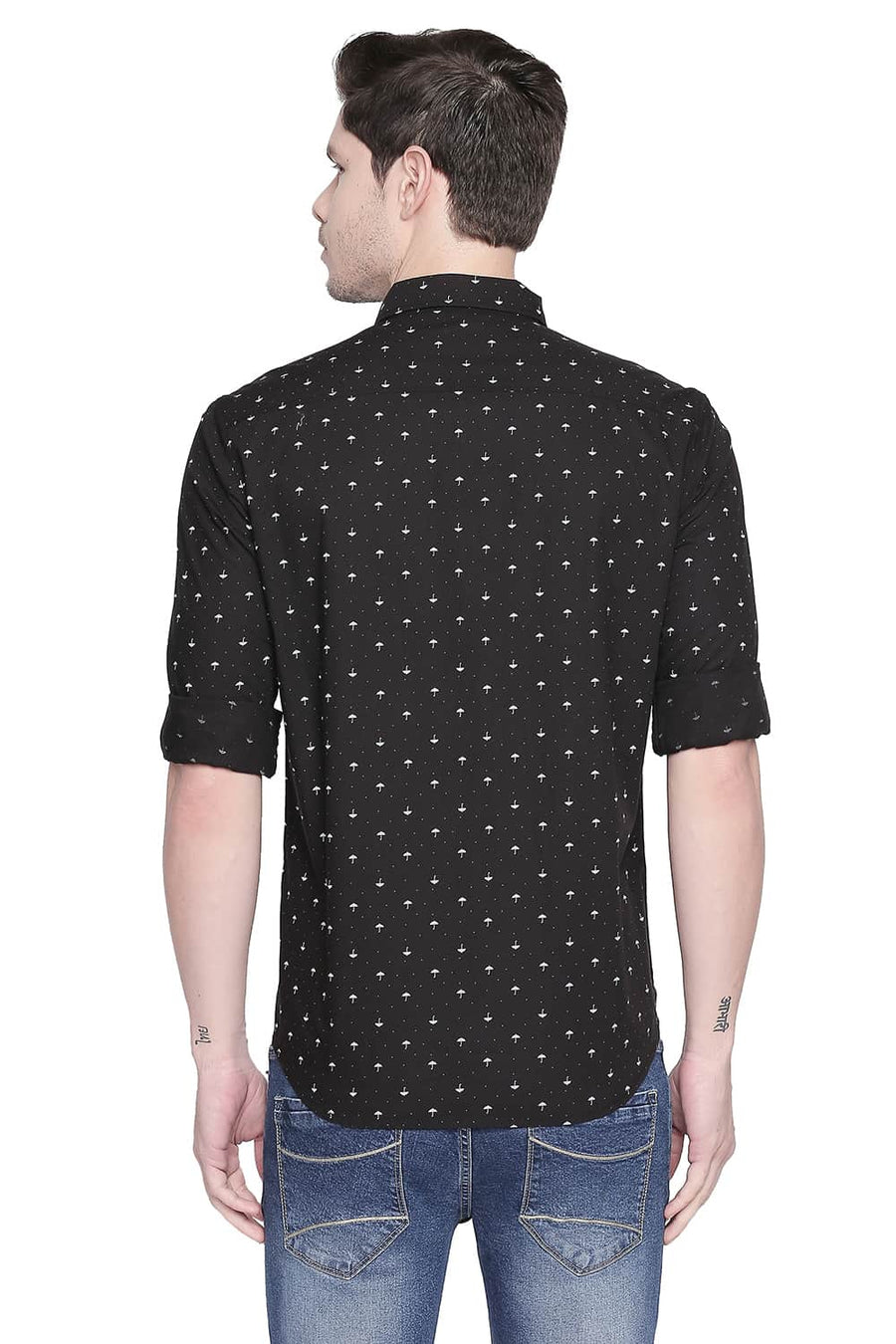 BASICS SLIM FIT RAVEN BLACK POPLIN PRINTED SHIRT