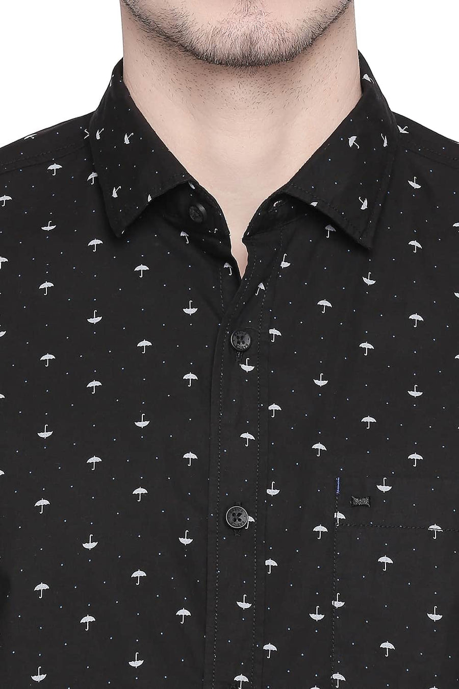 BASICS SLIM FIT RAVEN BLACK POPLIN PRINTED SHIRT