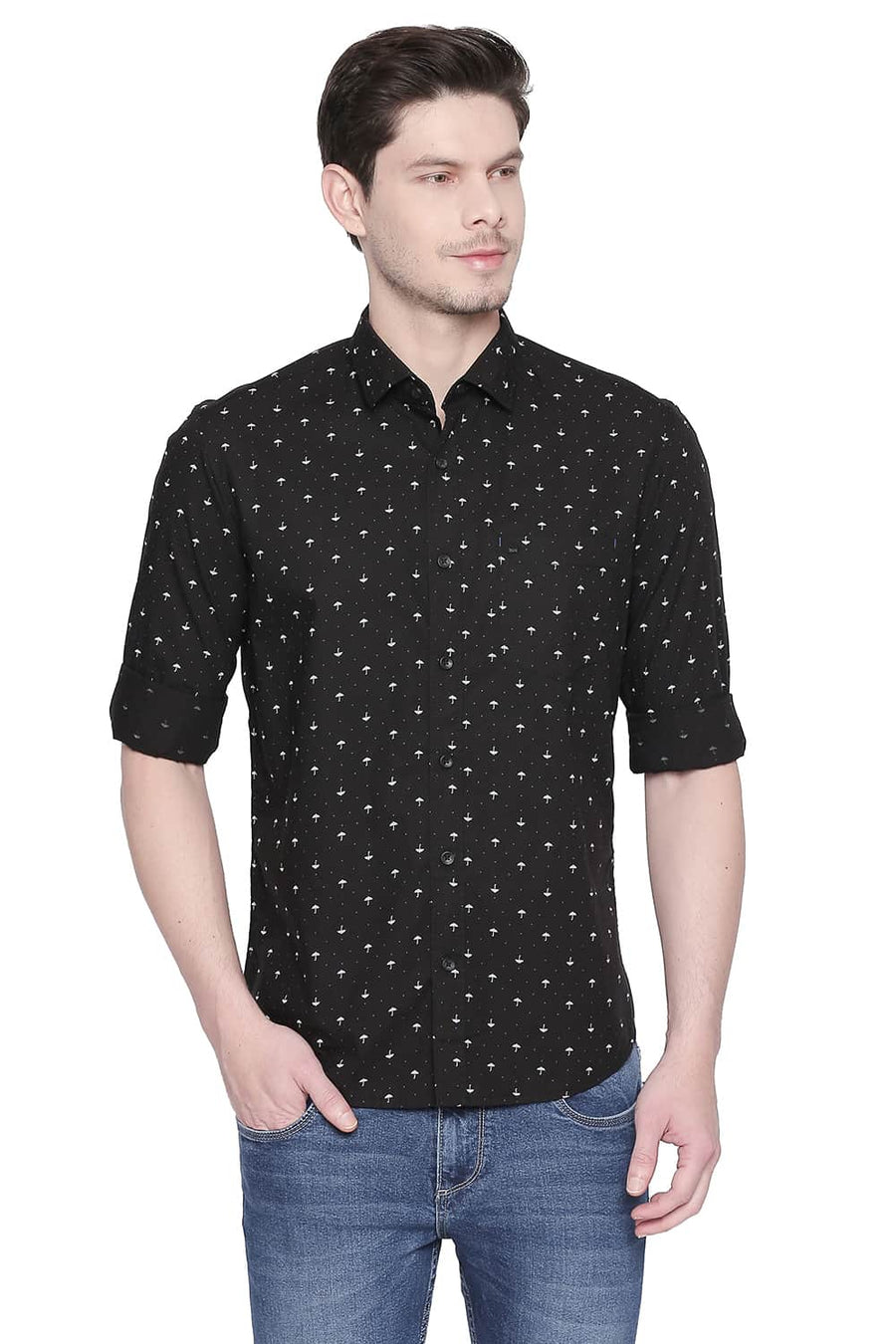 BASICS SLIM FIT RAVEN BLACK POPLIN PRINTED SHIRT