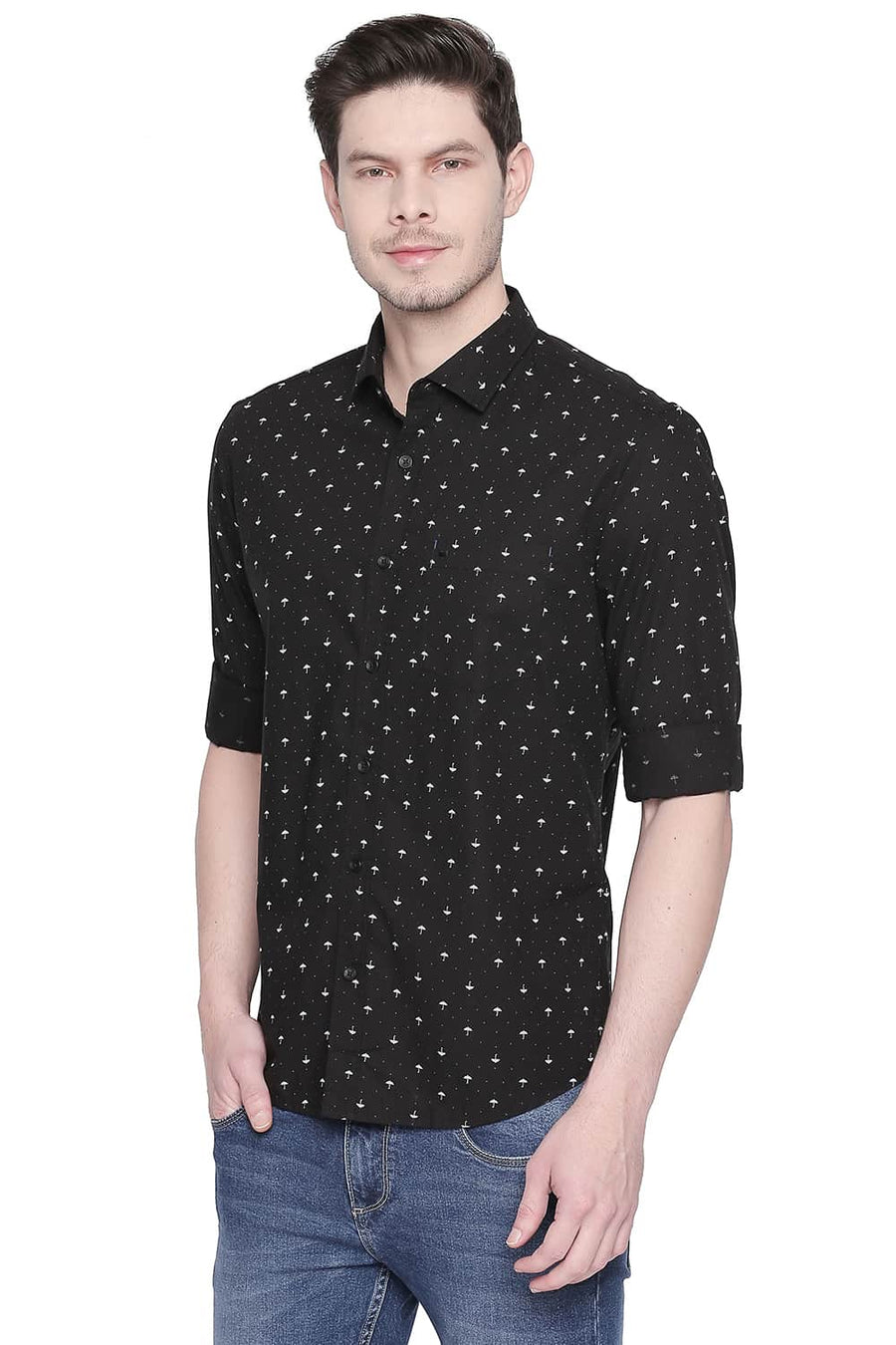 BASICS SLIM FIT RAVEN BLACK POPLIN PRINTED SHIRT