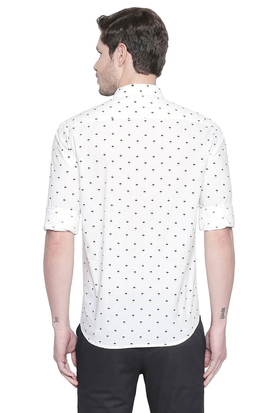 BASICS SLIM FIT EGRET WHITE POPLIN PRINTED SHIRT
