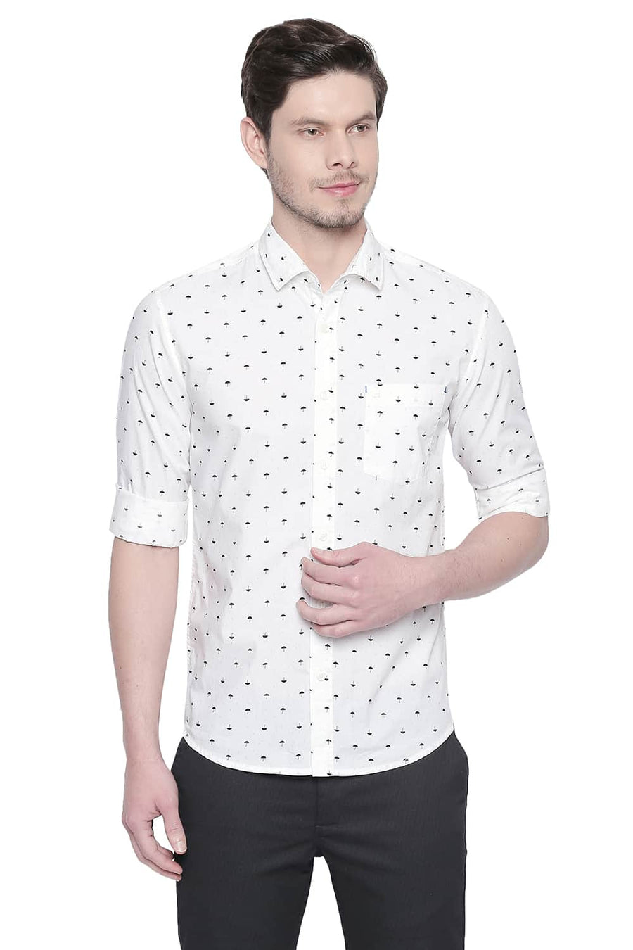 BASICS SLIM FIT EGRET WHITE POPLIN PRINTED SHIRT