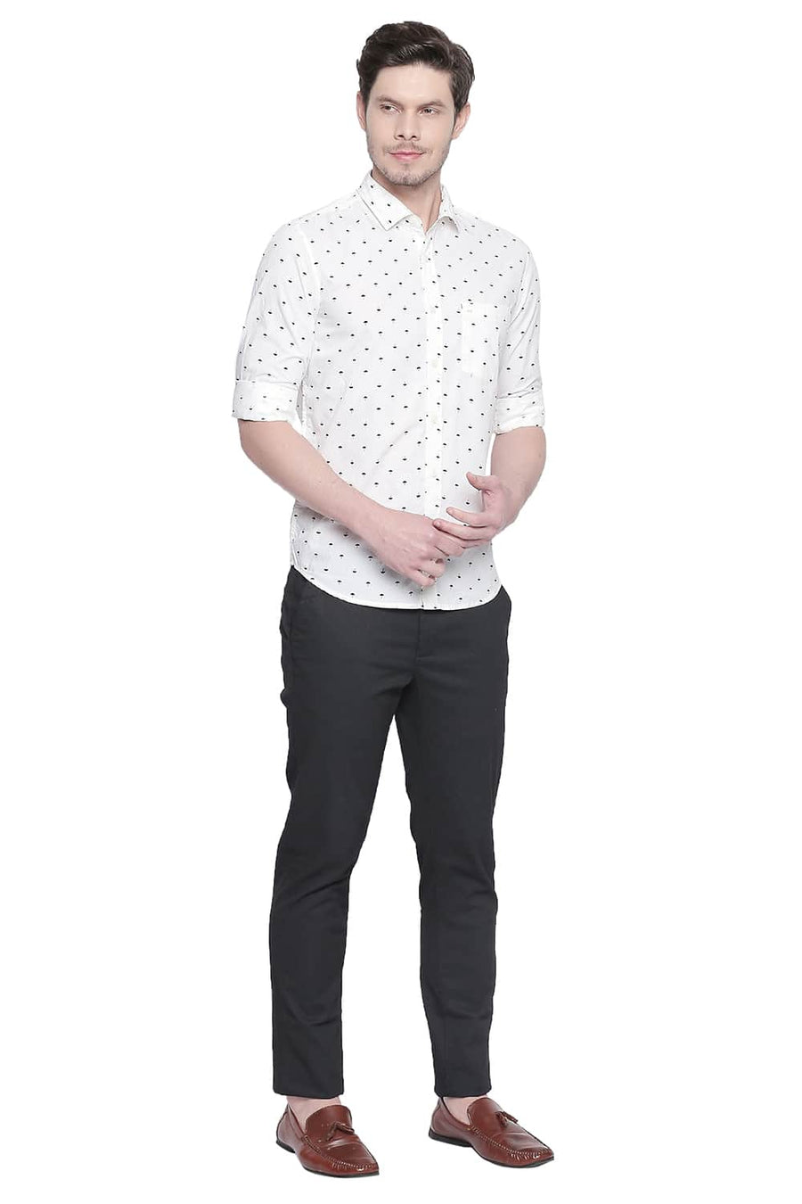 BASICS SLIM FIT EGRET WHITE POPLIN PRINTED SHIRT