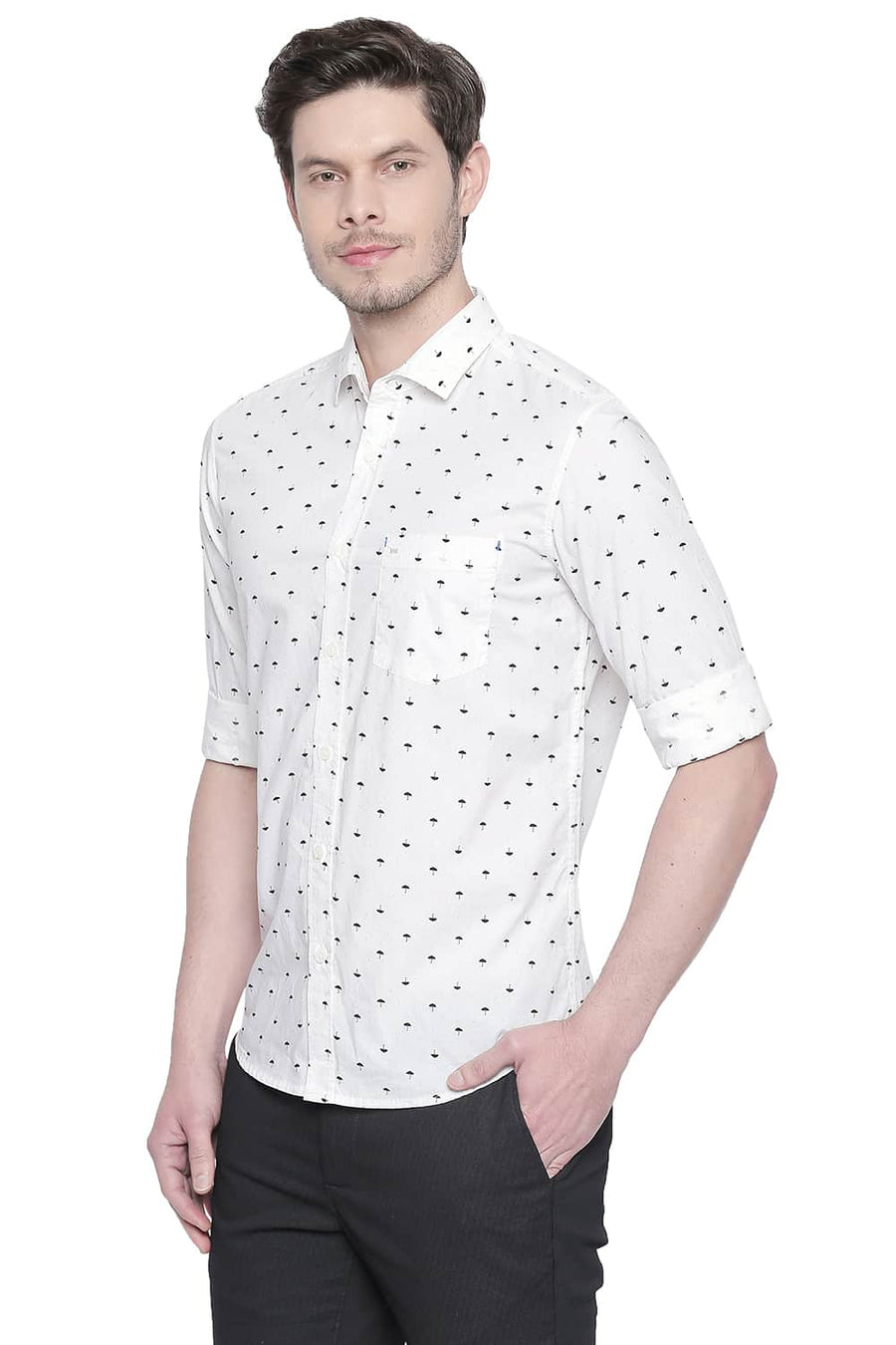 BASICS SLIM FIT EGRET WHITE POPLIN PRINTED SHIRT