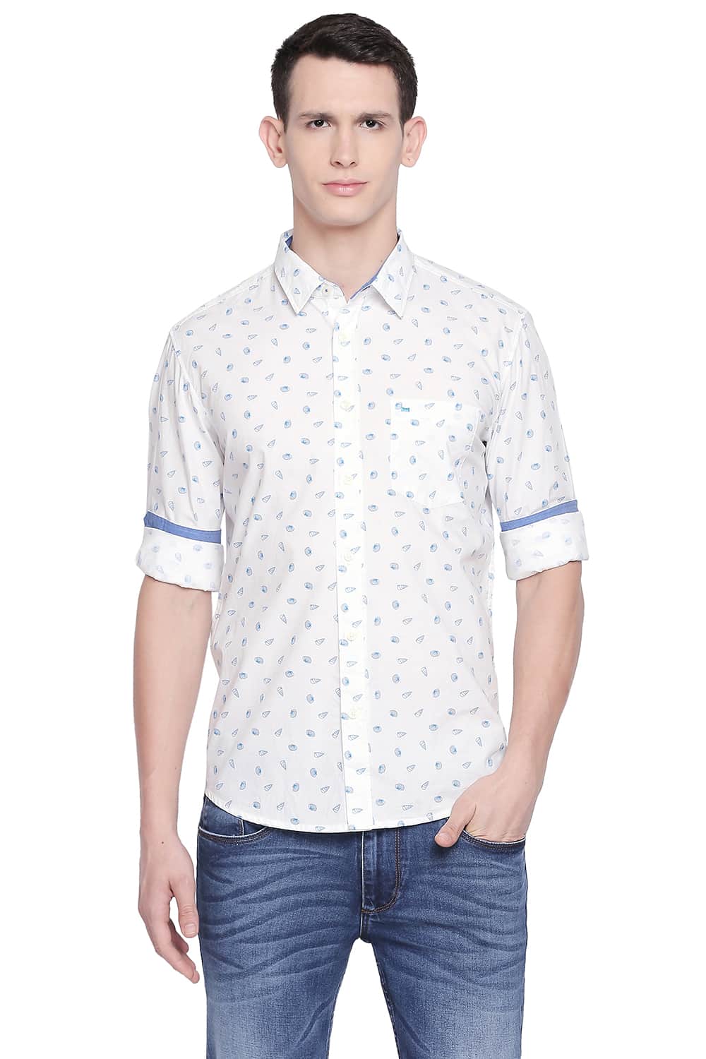 BASICS SLIM FIT BRIGHT WHITE POPLIN PRINTED SHIRT