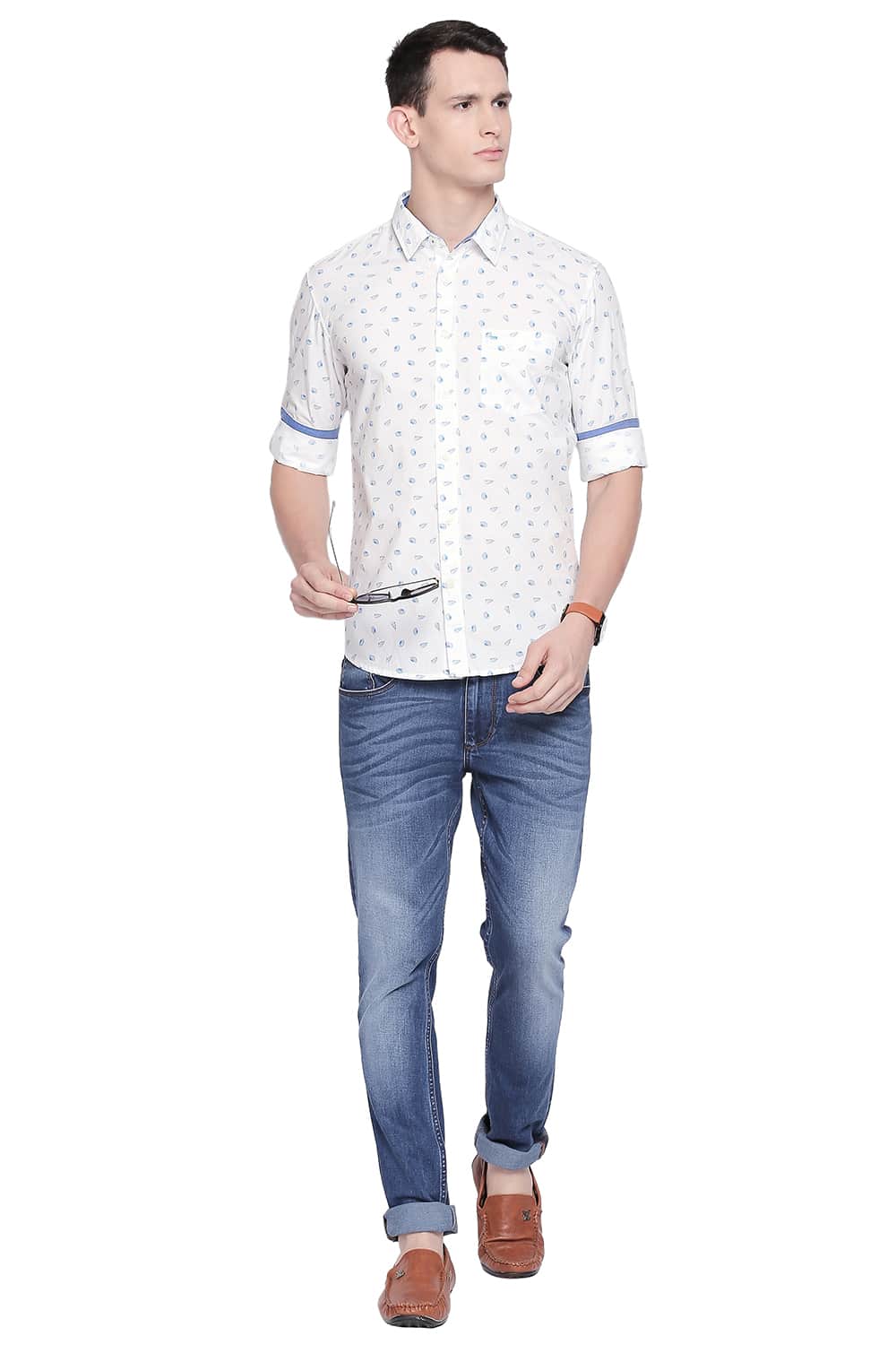 BASICS SLIM FIT BRIGHT WHITE POPLIN PRINTED SHIRT