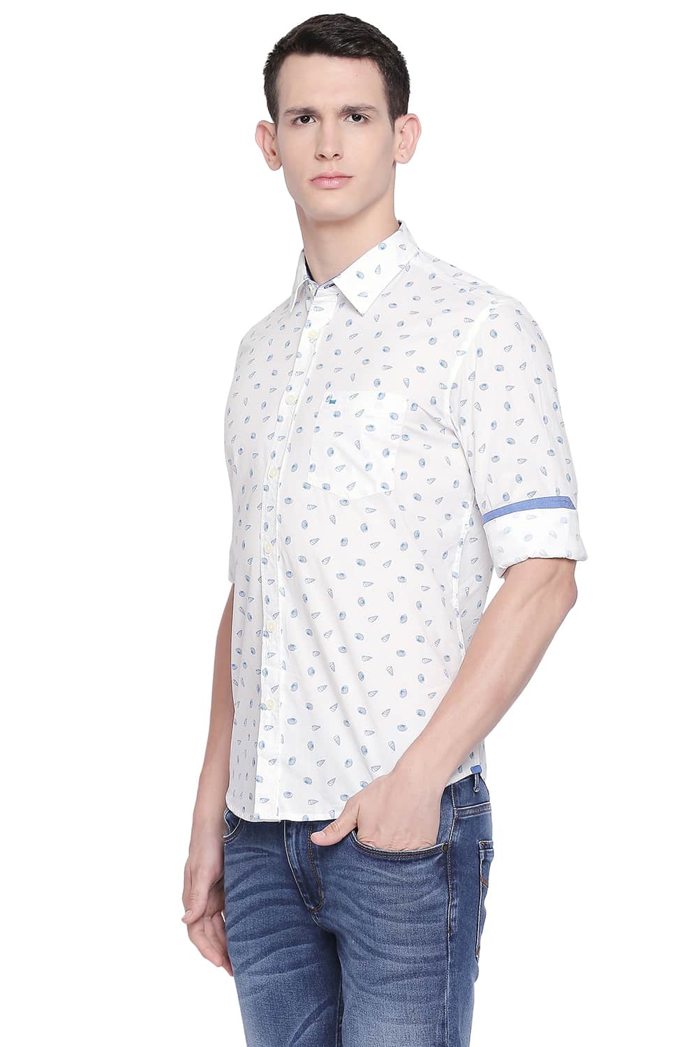 BASICS SLIM FIT BRIGHT WHITE POPLIN PRINTED SHIRT