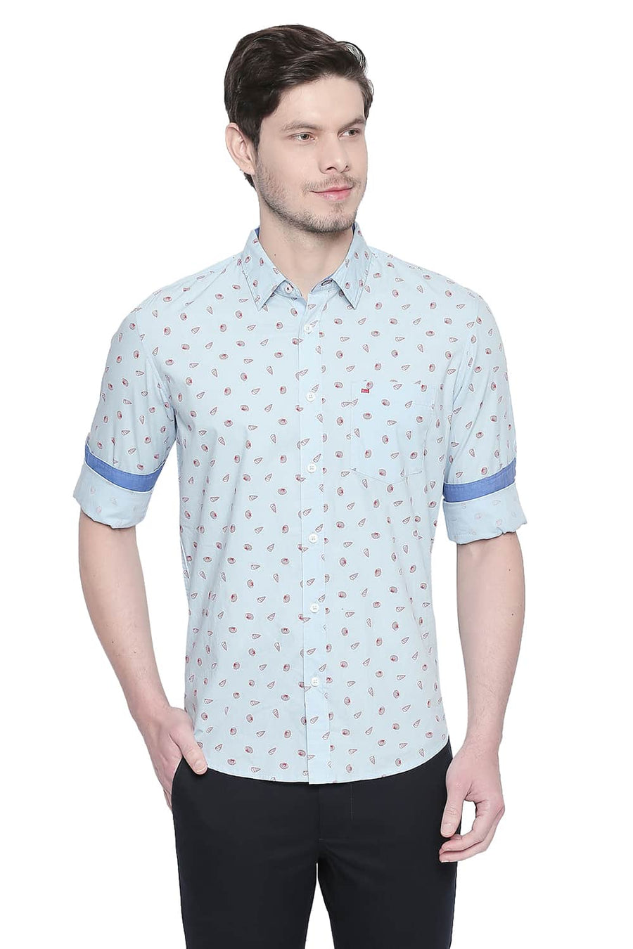 BASICS SLIM FIT ANGEL FALLS BLUE POPLIN PRINTED SHIRT