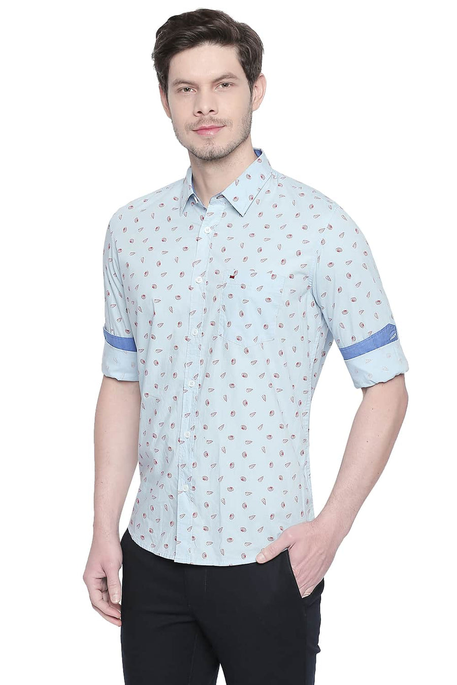 BASICS SLIM FIT ANGEL FALLS BLUE POPLIN PRINTED SHIRT