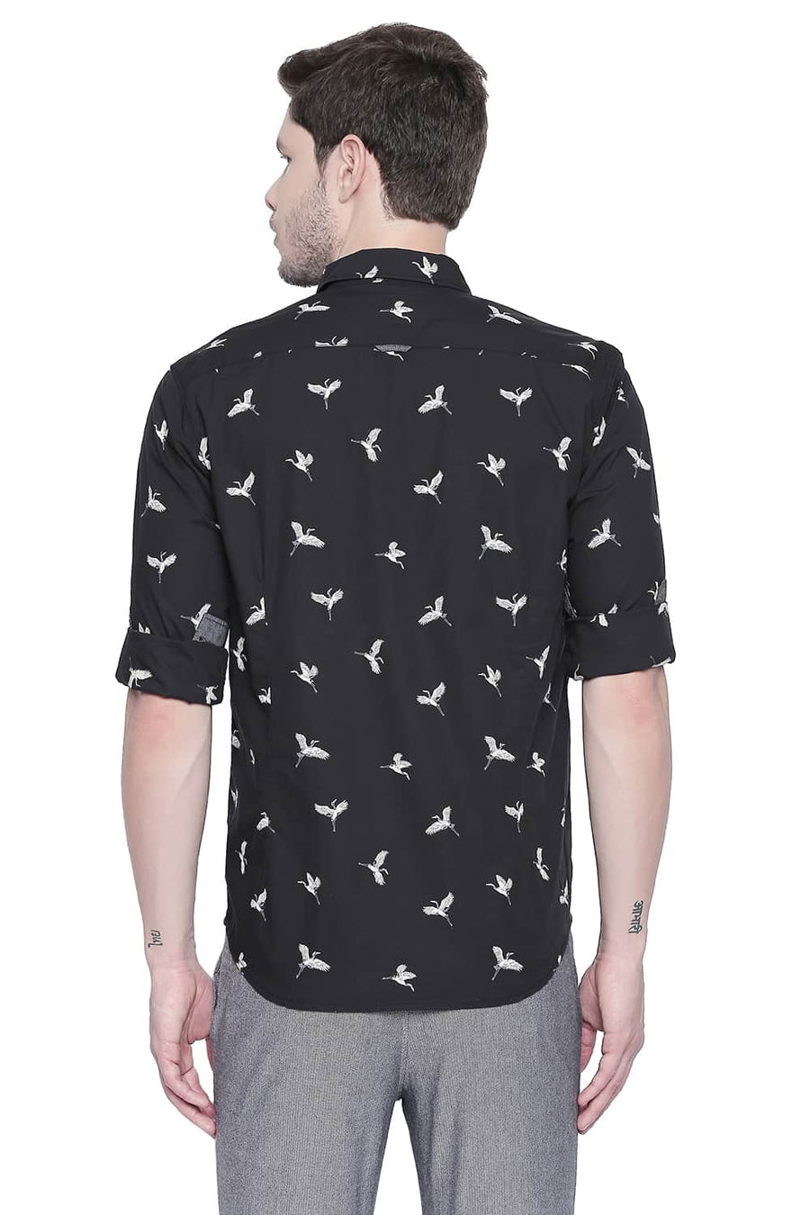 BASICS SLIM FIT JET BLACK PRINTED SHIRT