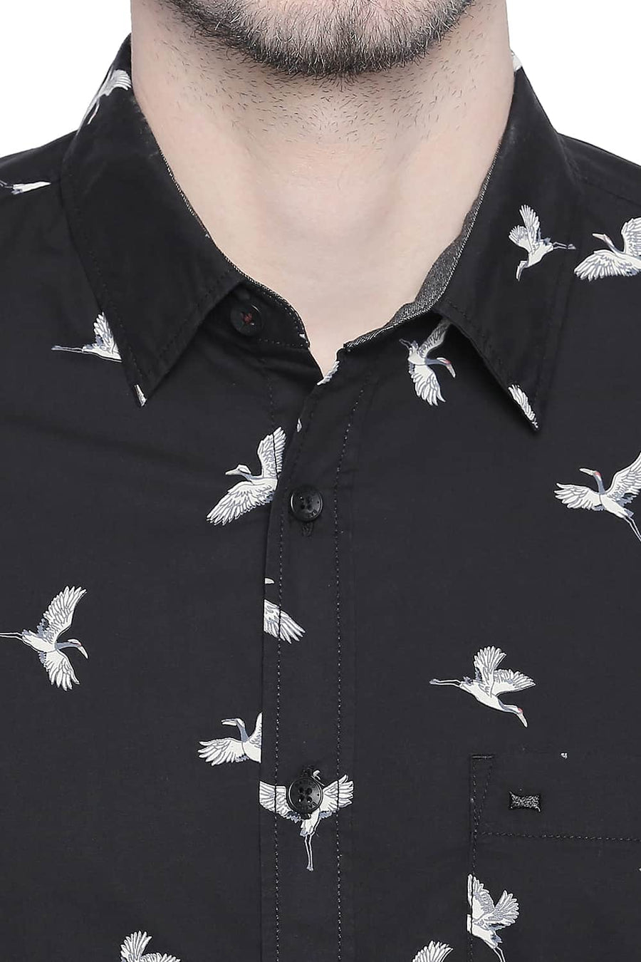 BASICS SLIM FIT JET BLACK PRINTED SHIRT