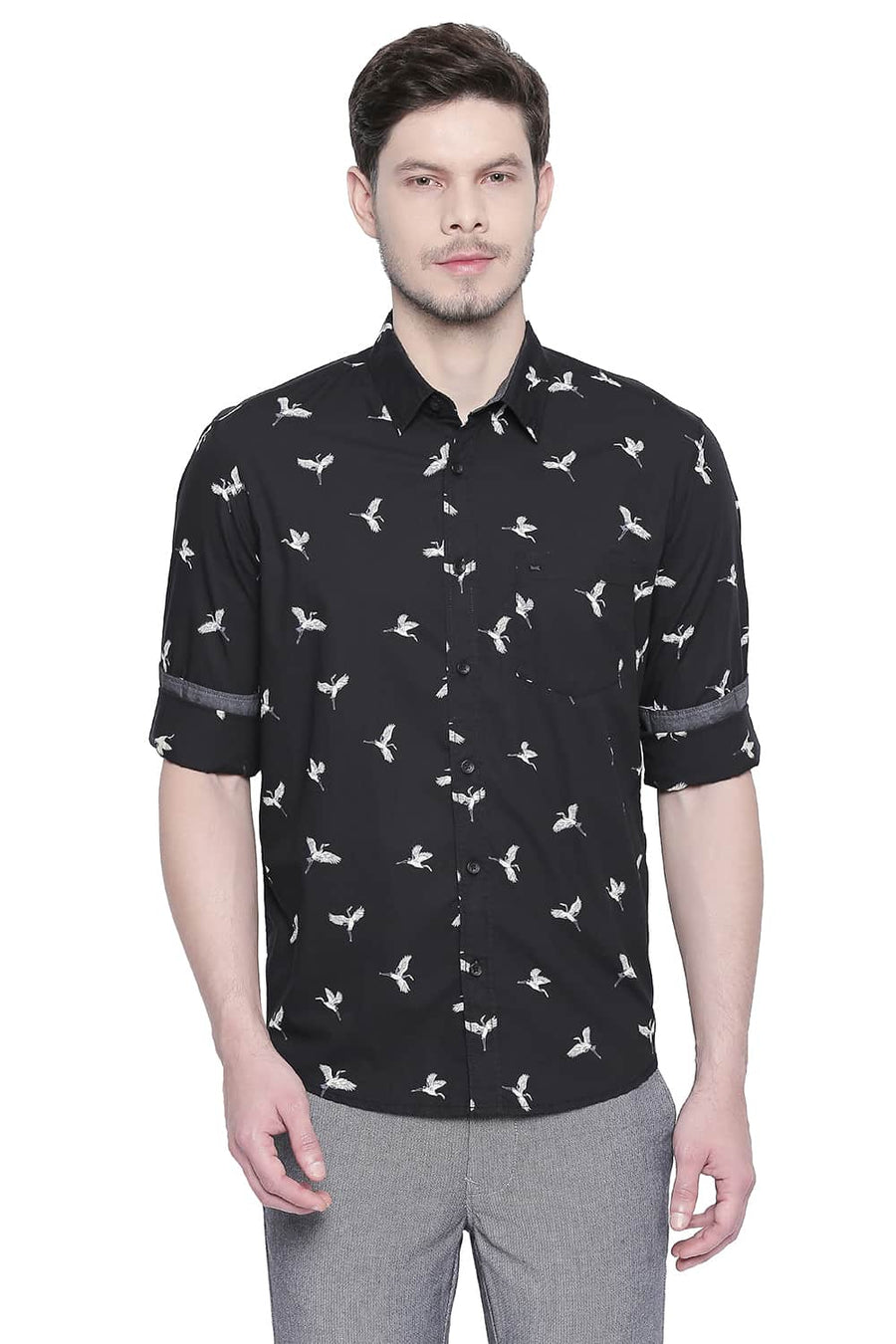 BASICS SLIM FIT JET BLACK PRINTED SHIRT