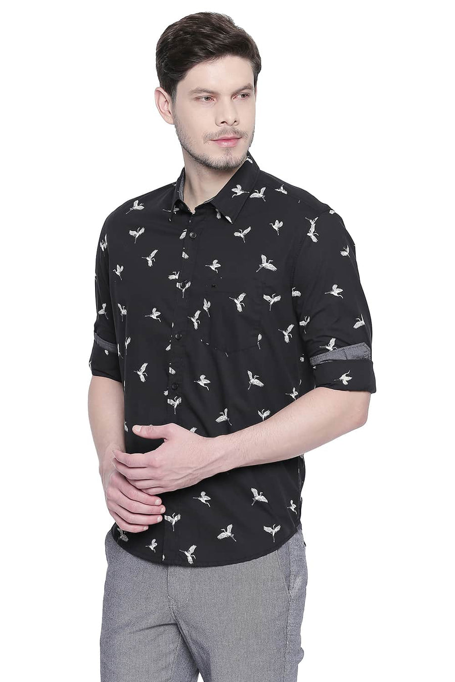 BASICS SLIM FIT JET BLACK PRINTED SHIRT