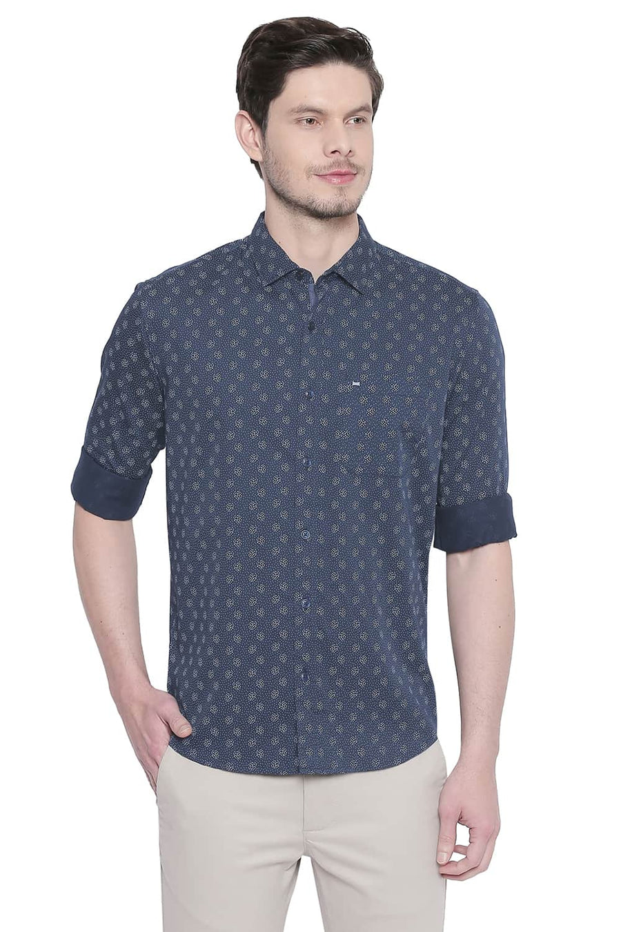 BASICS SLIM FIT MAJOLICA NAVY SATIN PRINTED SHIRT