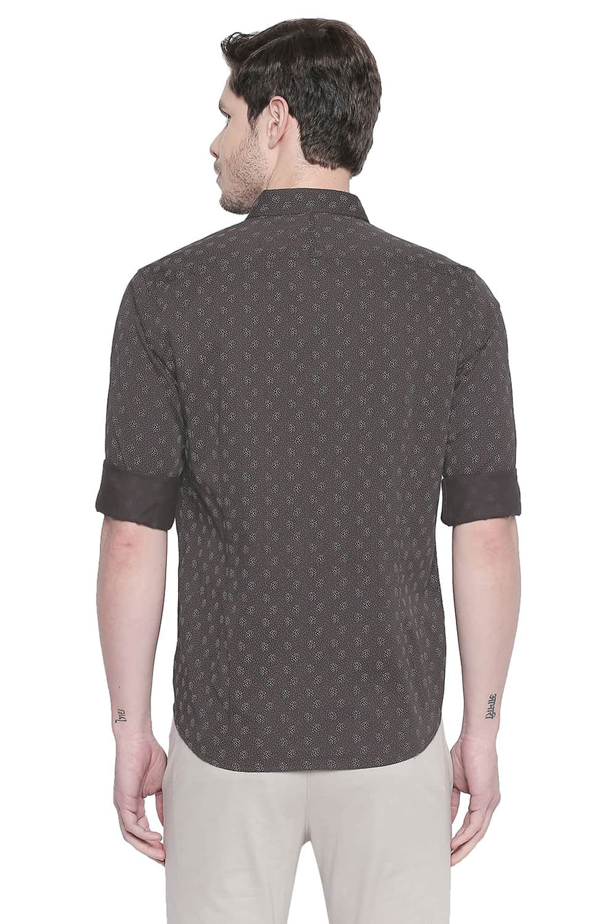 BASICS SLIM FIT DEMITASSE BROWN SATIN PRINTED SHIRT