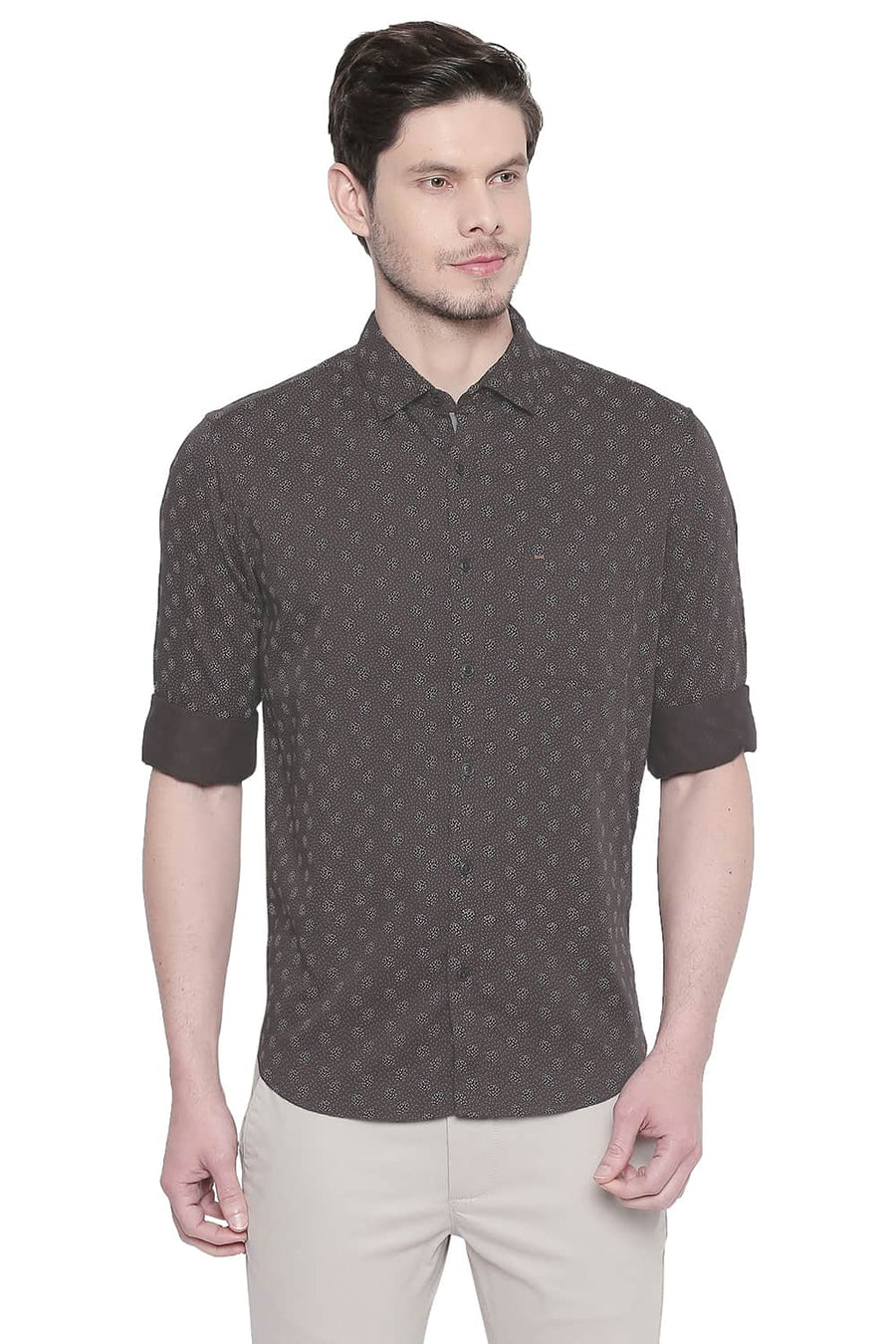 BASICS SLIM FIT DEMITASSE BROWN SATIN PRINTED SHIRT