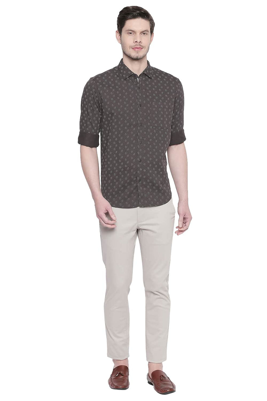 BASICS SLIM FIT DEMITASSE BROWN SATIN PRINTED SHIRT