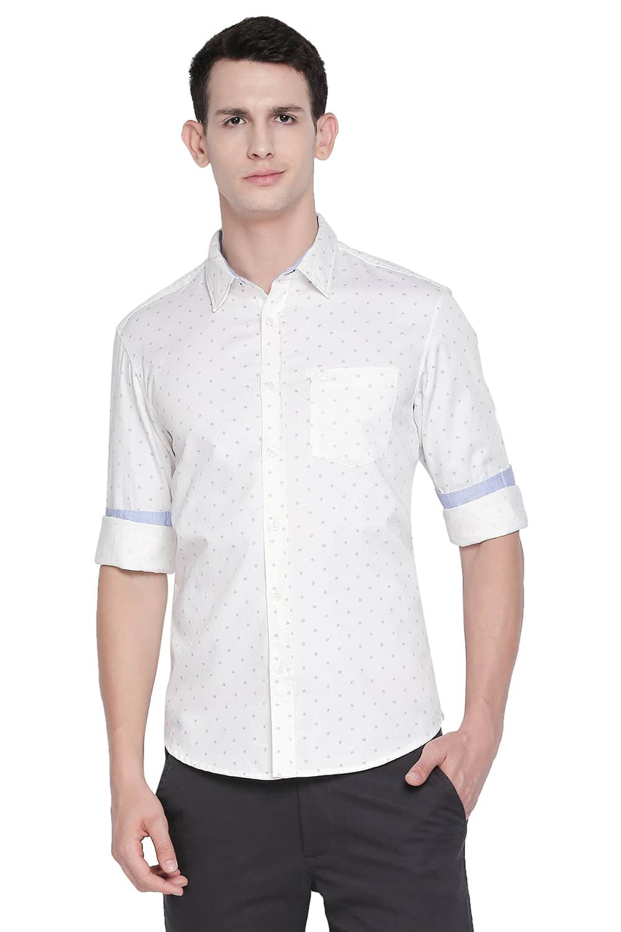 BASICS SLIM FIT CLOUD WHITE SATIN PRINTED SHIRT