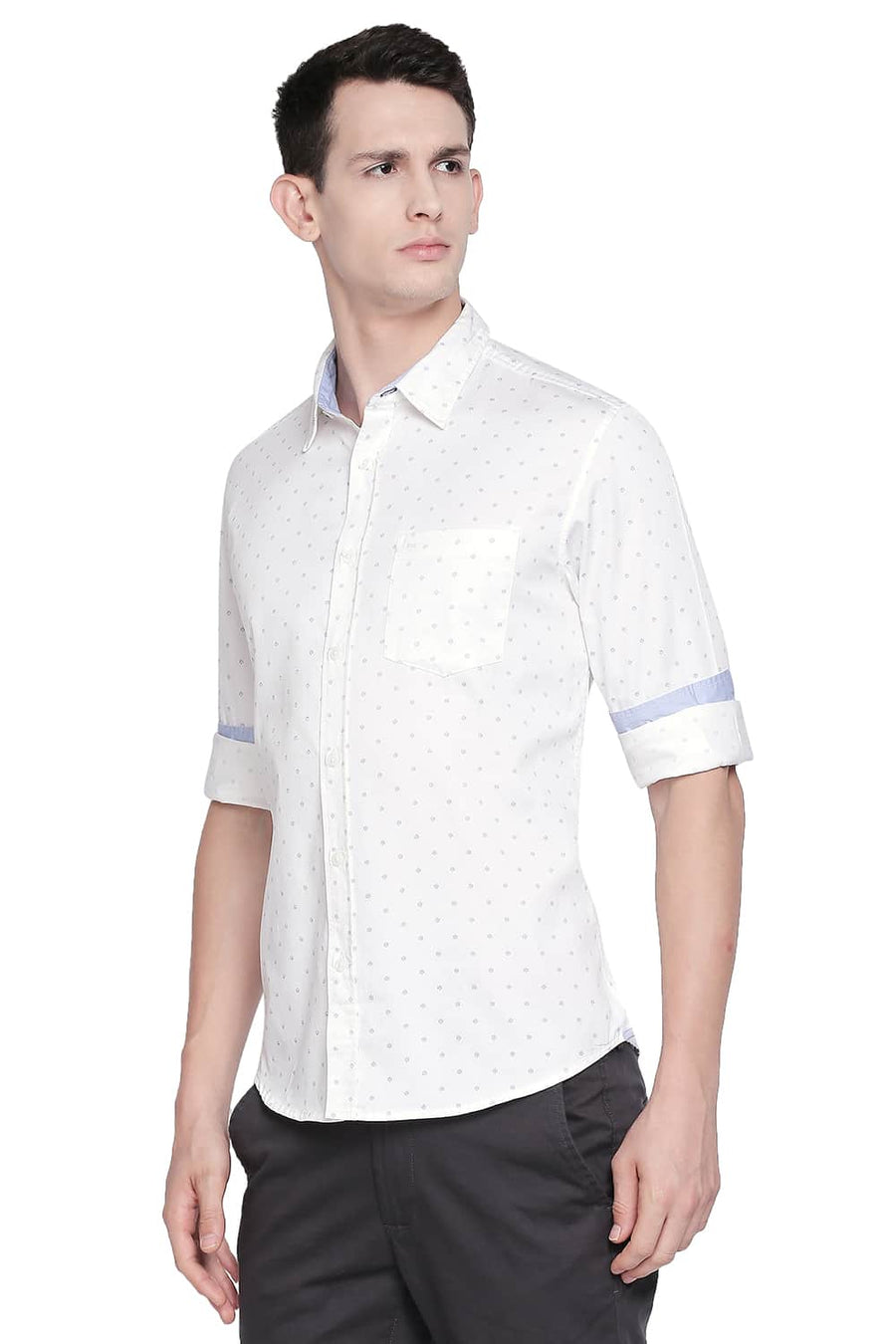 BASICS SLIM FIT CLOUD WHITE SATIN PRINTED SHIRT