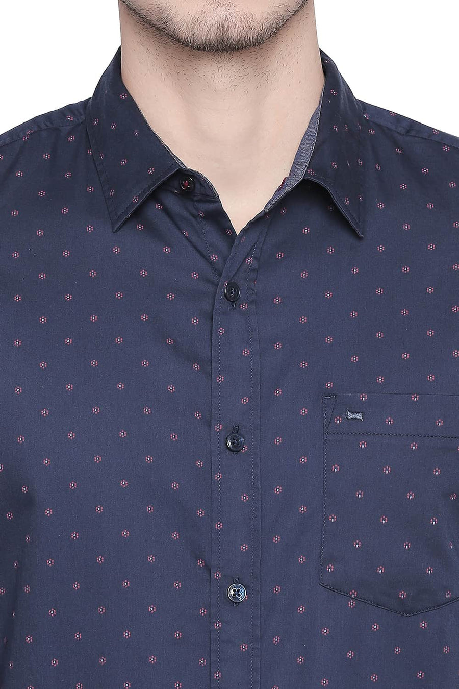 BASICS SLIM FIT MOOD NAVY SATIN PRINTED SHIRT