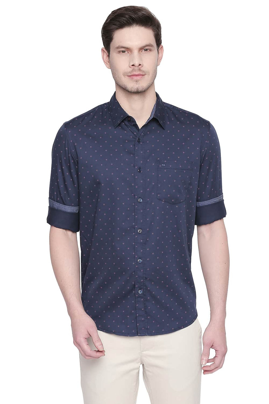 BASICS SLIM FIT MOOD NAVY SATIN PRINTED SHIRT