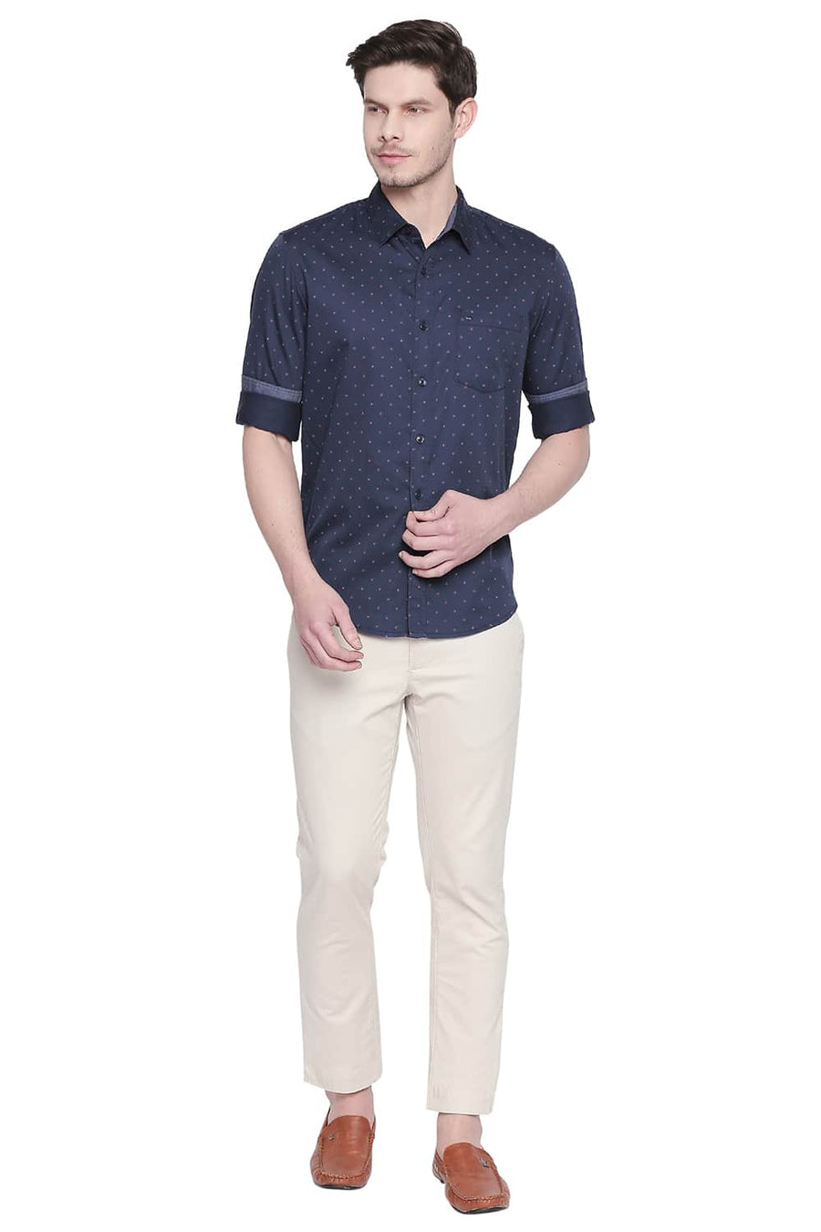 BASICS SLIM FIT MOOD NAVY SATIN PRINTED SHIRT