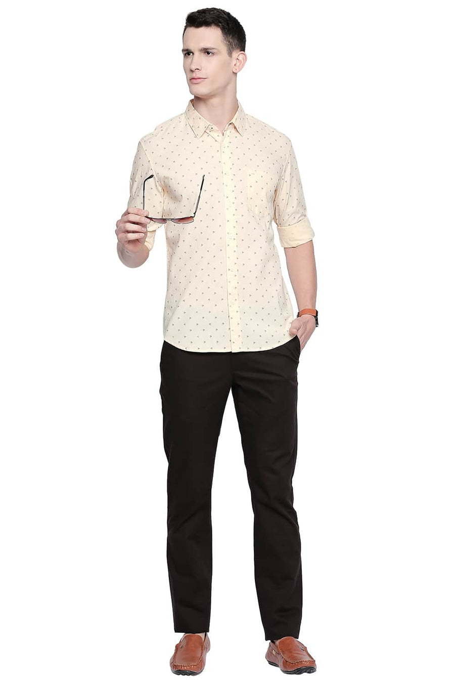 BASICS SLIM FIT DOUBLE CREAM OXFORD PRINTED SHIRT