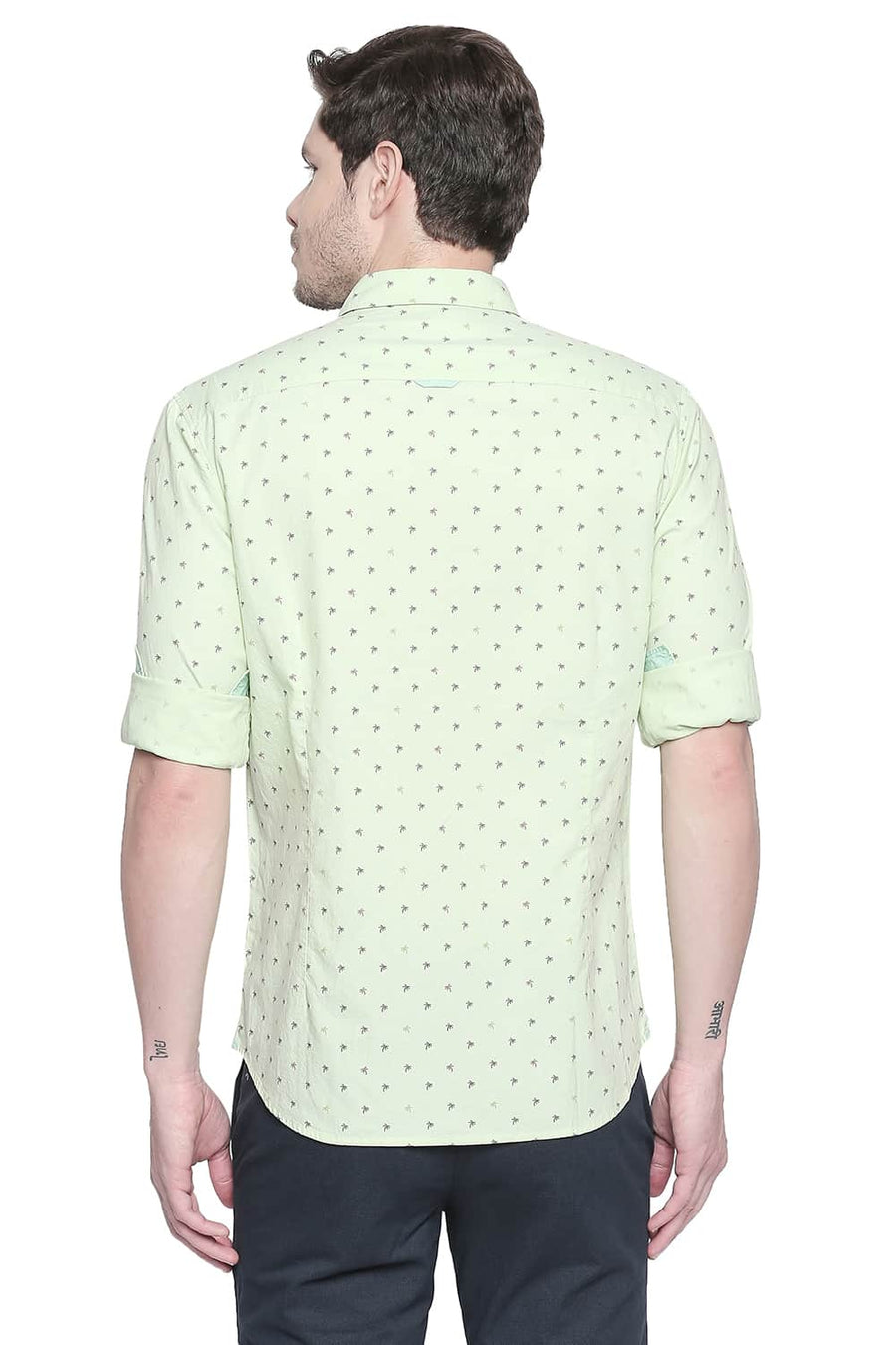 BASICS SLIM FIT OPALINE GREEN OXFORD PRINTED SHIRT