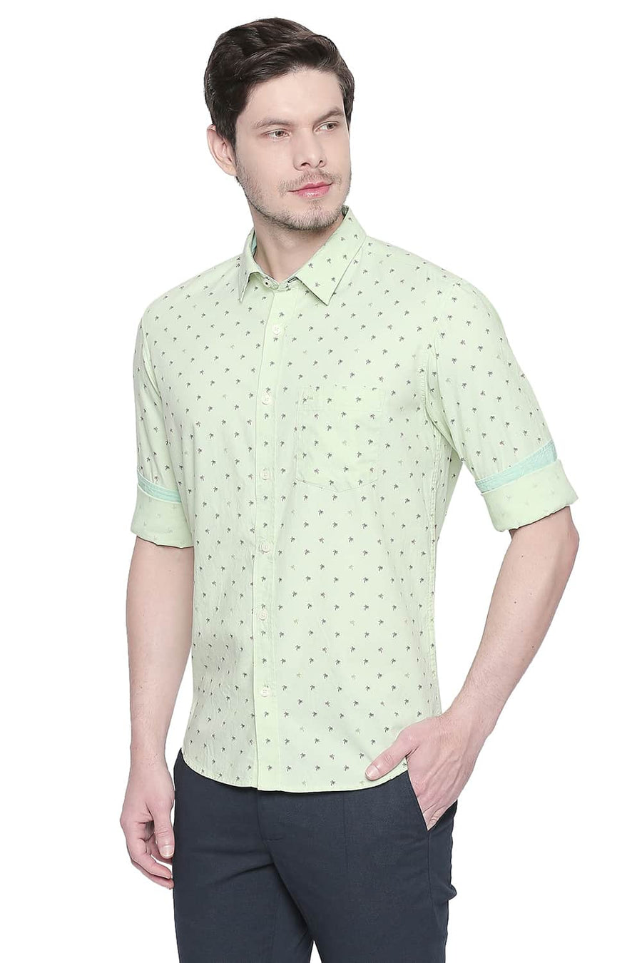 BASICS SLIM FIT OPALINE GREEN OXFORD PRINTED SHIRT