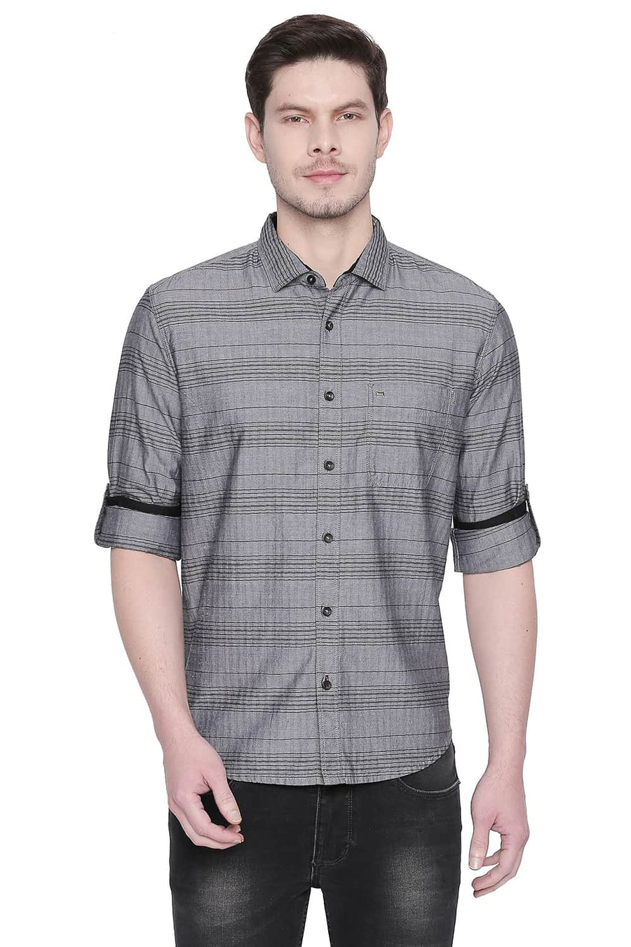 BASICS SLIM FIT SEDONA BLACK WEFT STRIPES SHIRT