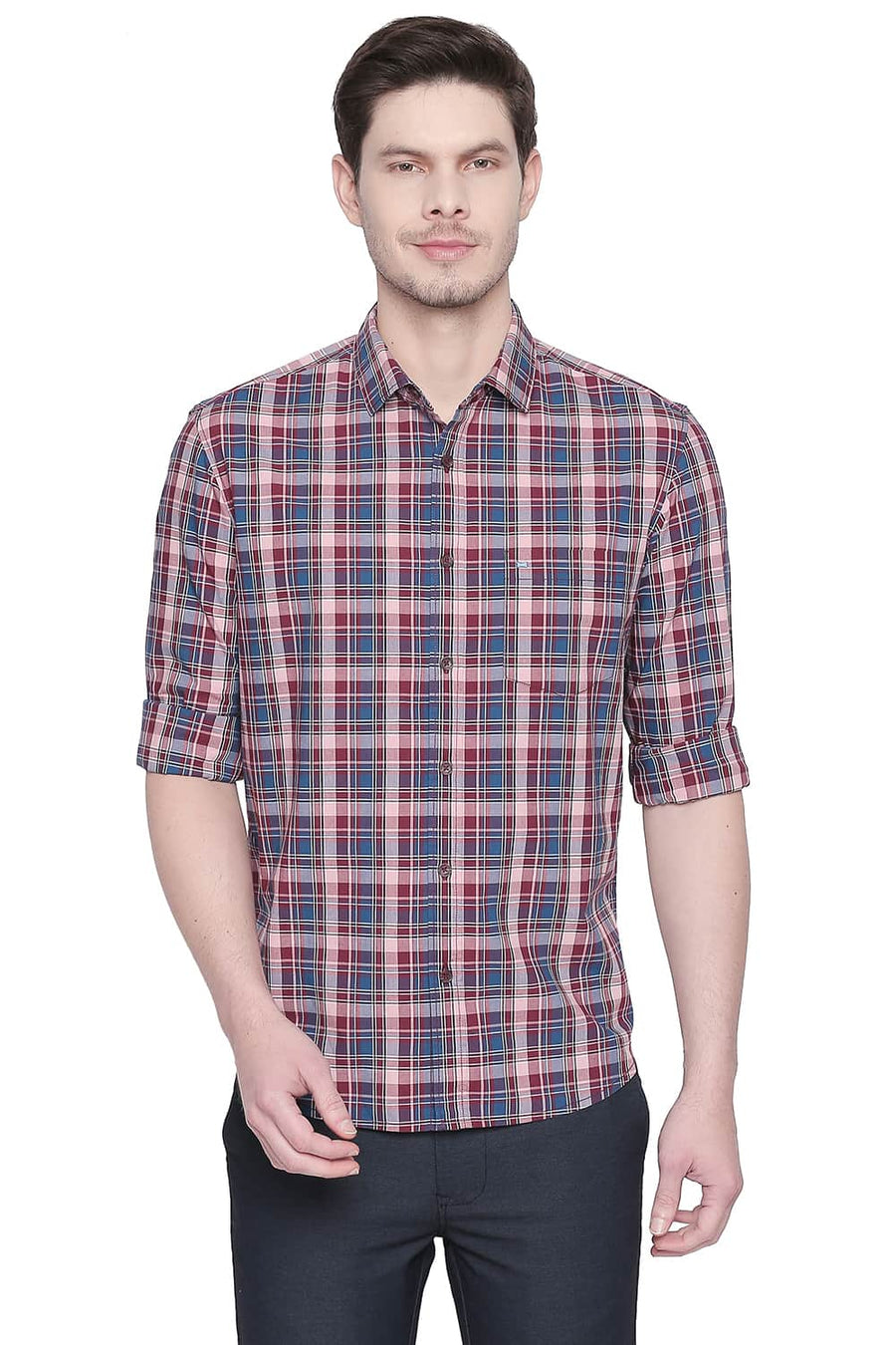 BASICS SLIM FIT CRYSTAL PINK CHECKS SHIRT