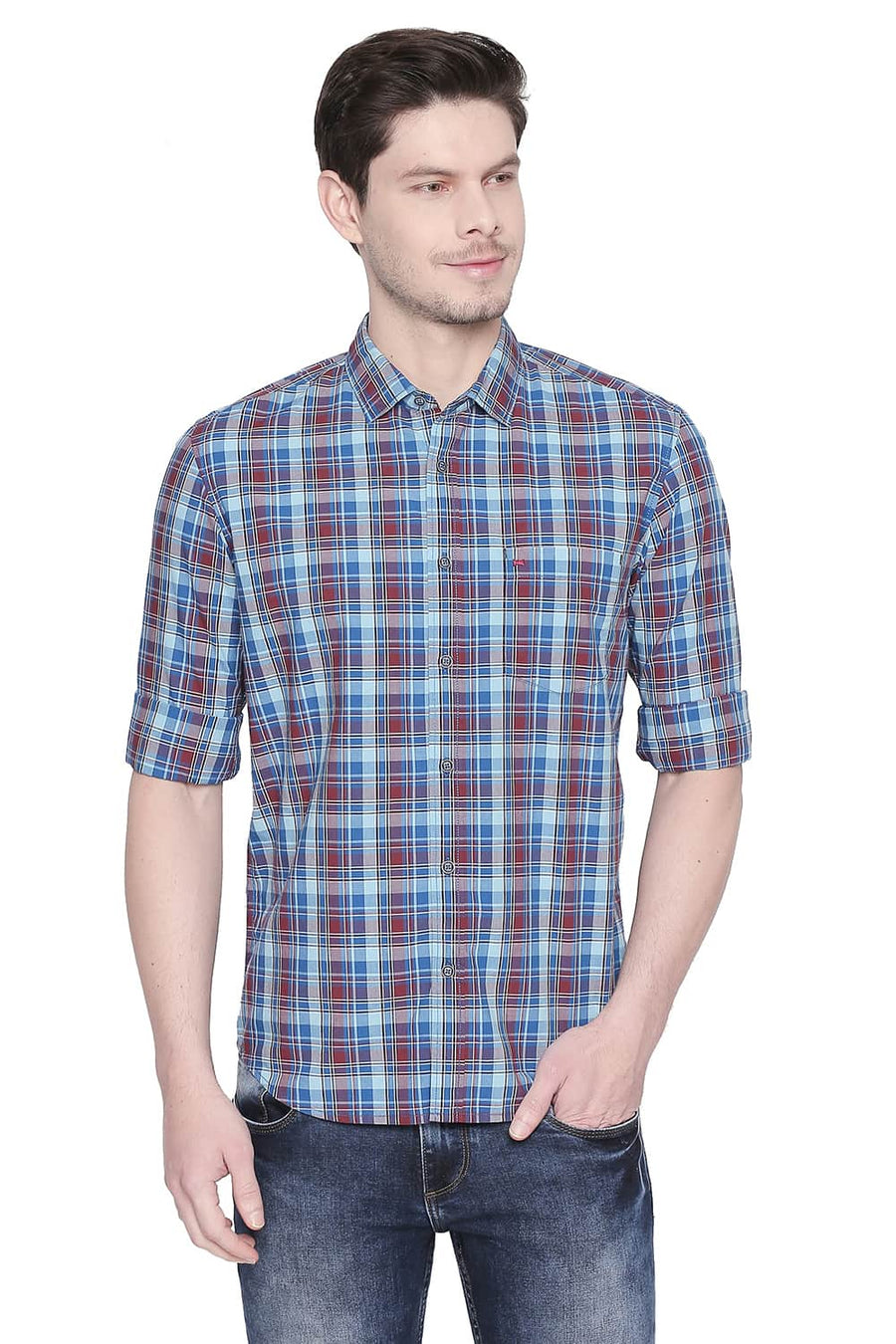 BASICS SLIM FIT BLUE GROTTO CHECKS SHIRT