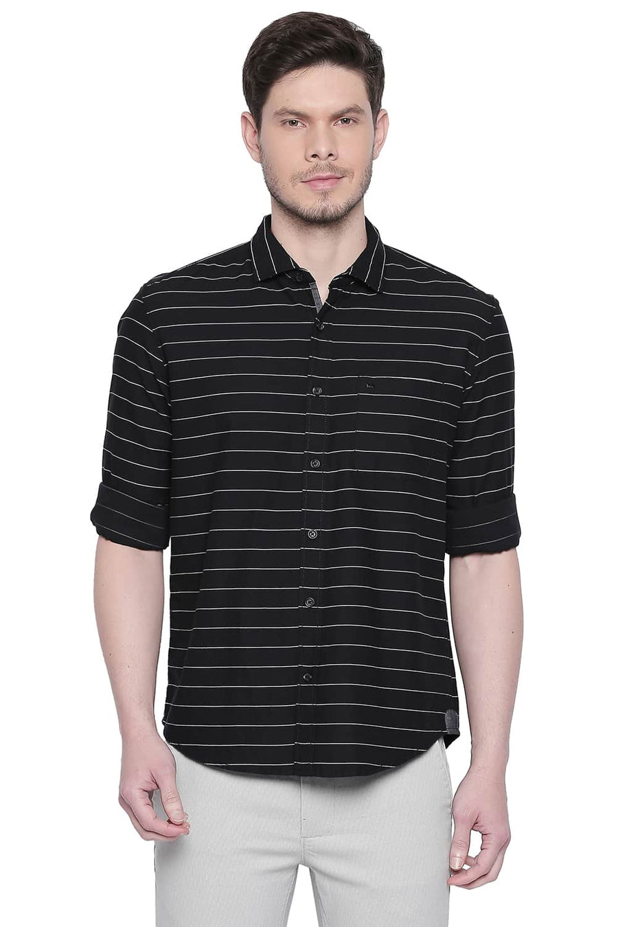 BASICS SLIM FIT ANTHRACITE BLACK WEFT STRIPES SHIRT