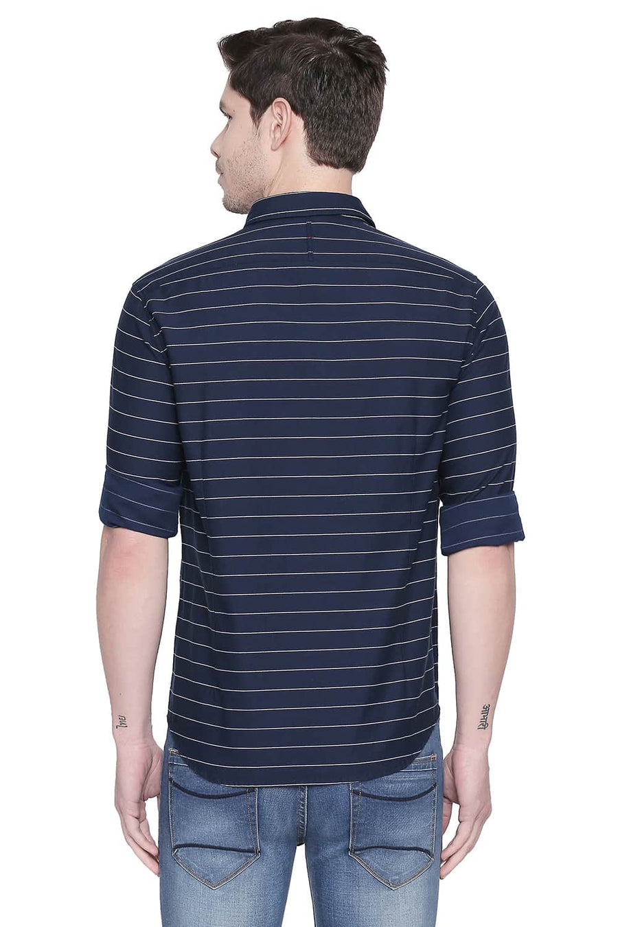 BASICS SLIM FIT NAVY PEONY WEFT STRIPES SHIRT