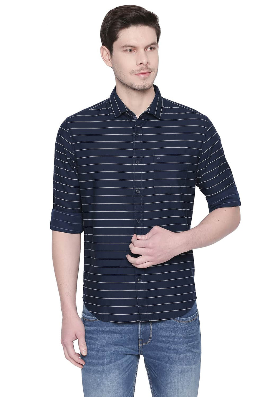 BASICS SLIM FIT NAVY PEONY WEFT STRIPES SHIRT