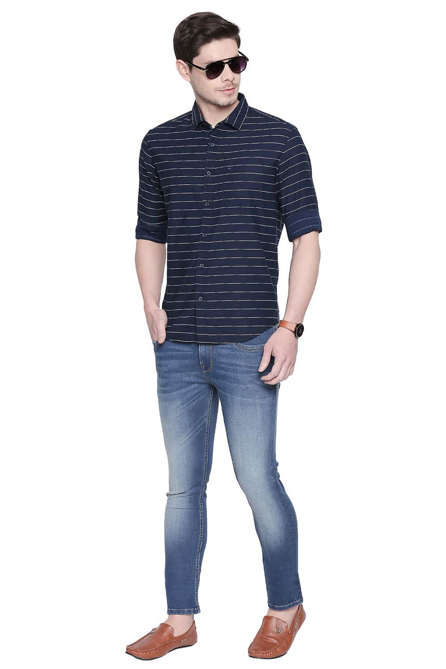 BASICS SLIM FIT NAVY PEONY WEFT STRIPES SHIRT