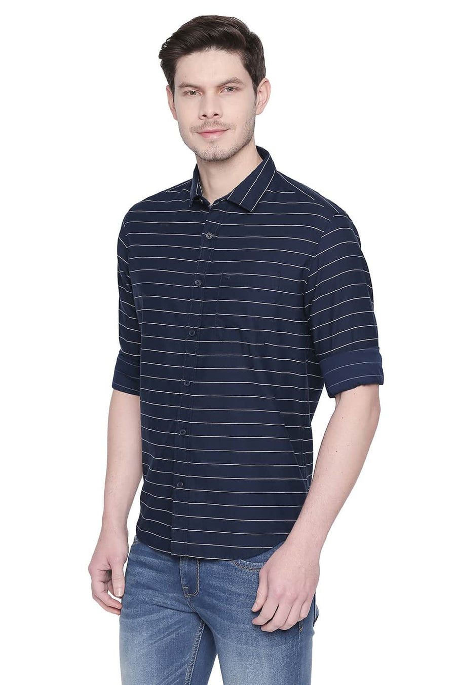 BASICS SLIM FIT NAVY PEONY WEFT STRIPES SHIRT