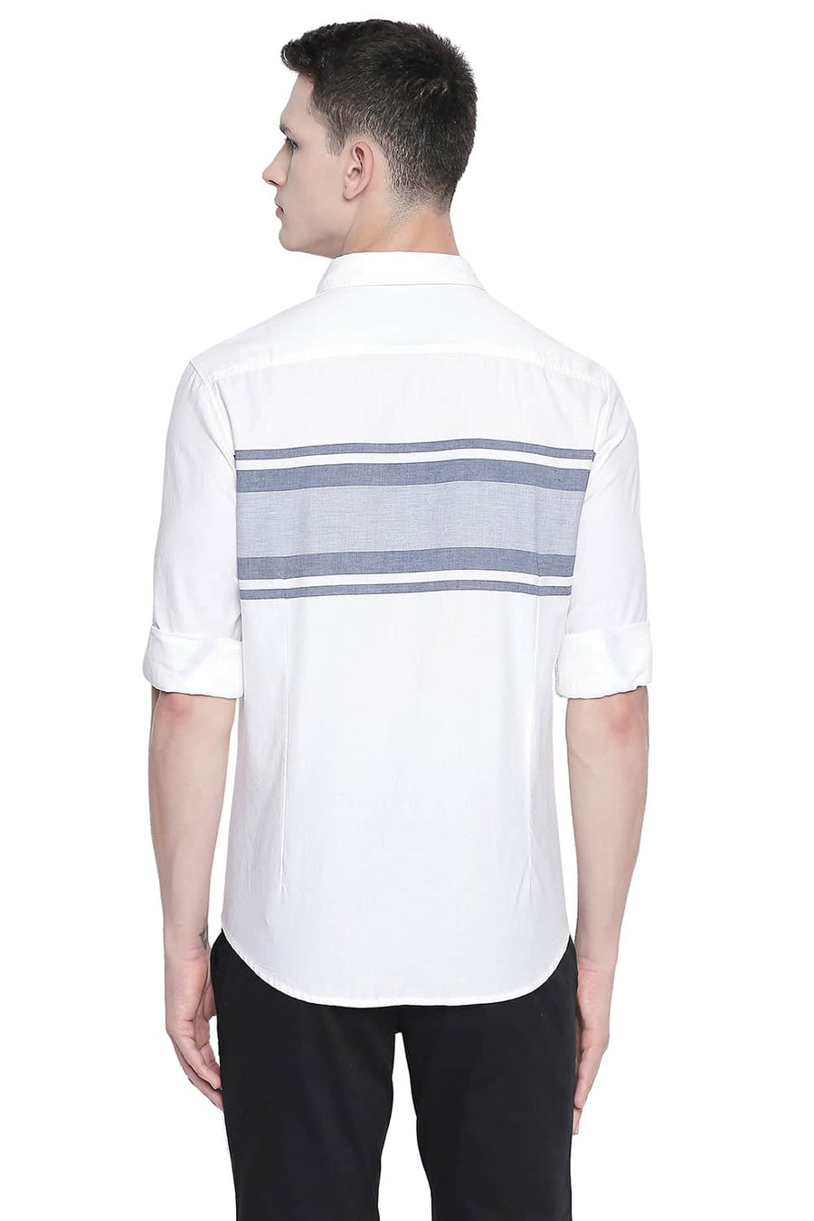 BASICS SLIM FIT BRIGHT WHITE ENGINEERED STRIPES SHIRT