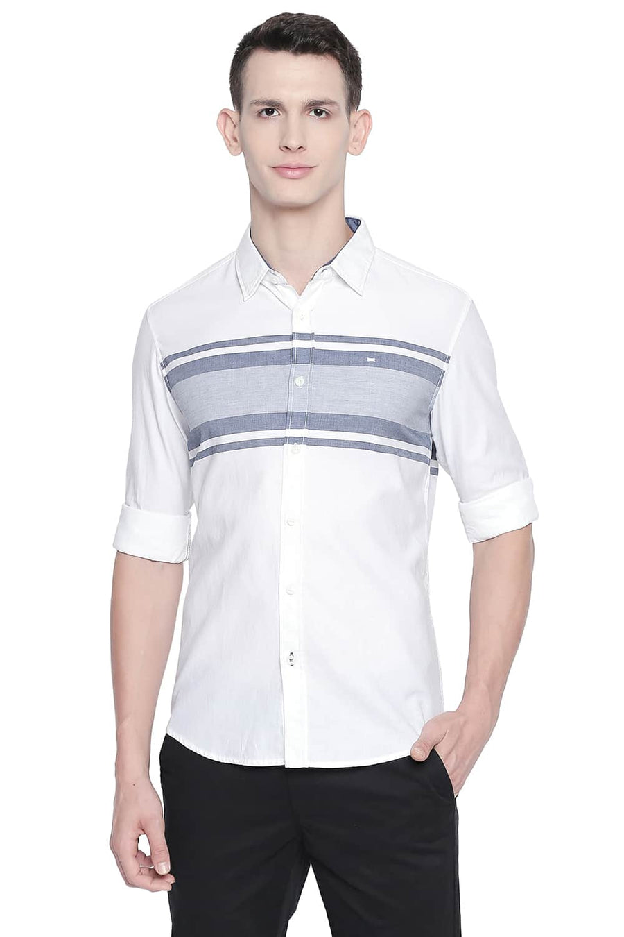 BASICS SLIM FIT BRIGHT WHITE ENGINEERED STRIPES SHIRT