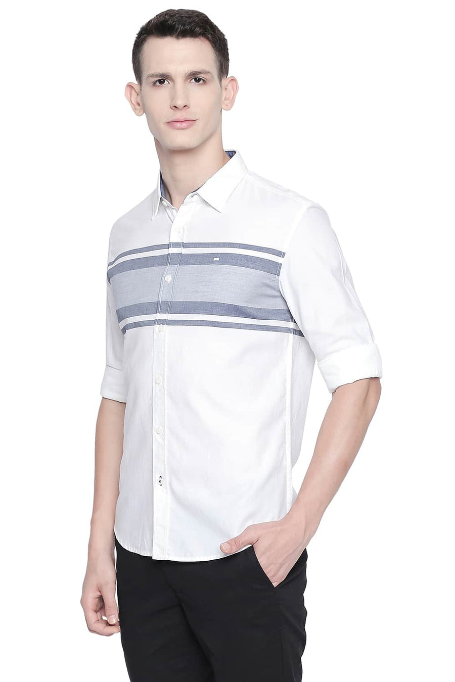 BASICS SLIM FIT BRIGHT WHITE ENGINEERED STRIPES SHIRT