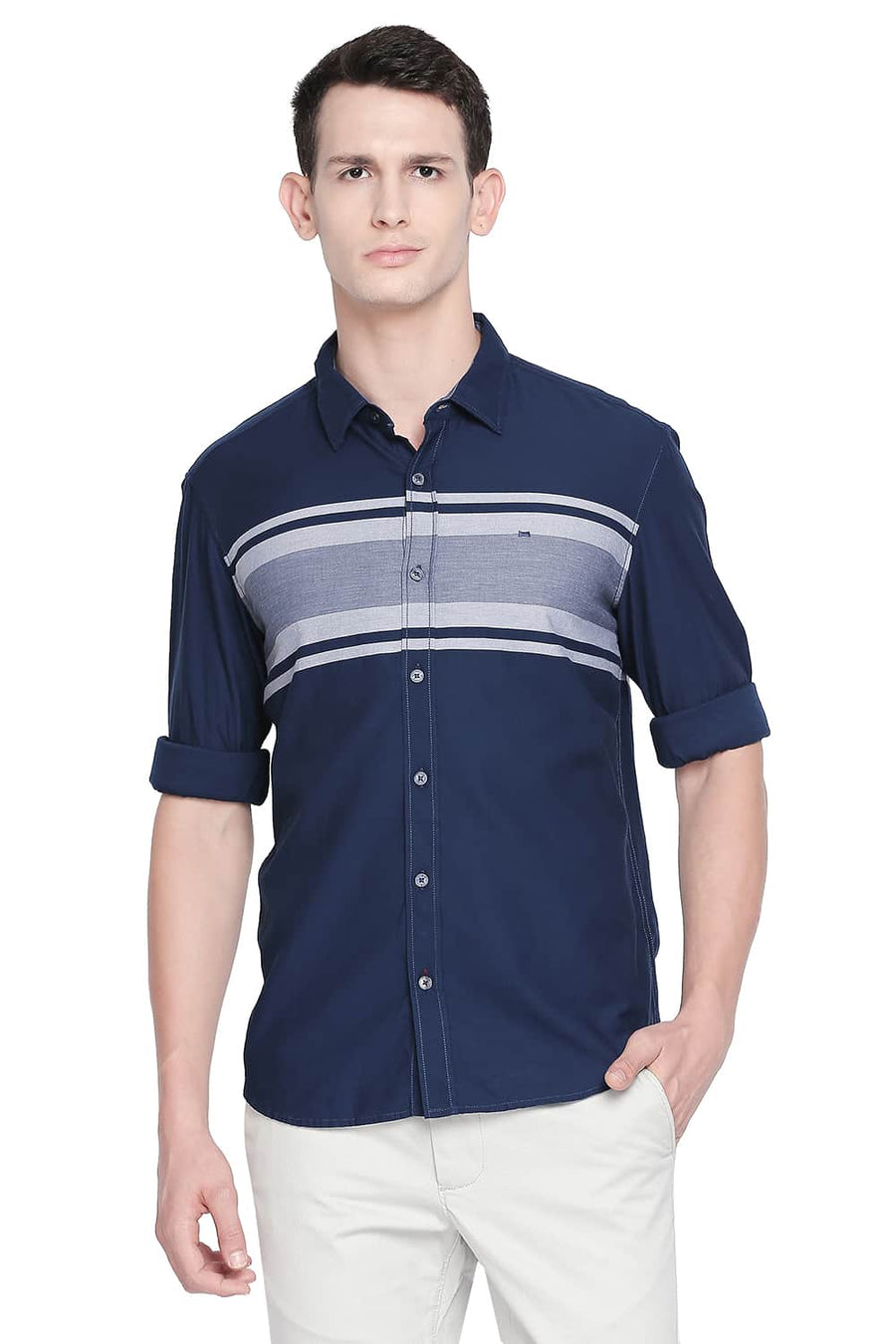 BASICS SLIM FIT BLUE DEPTHS ENGINEERED STRIPES SHIRT