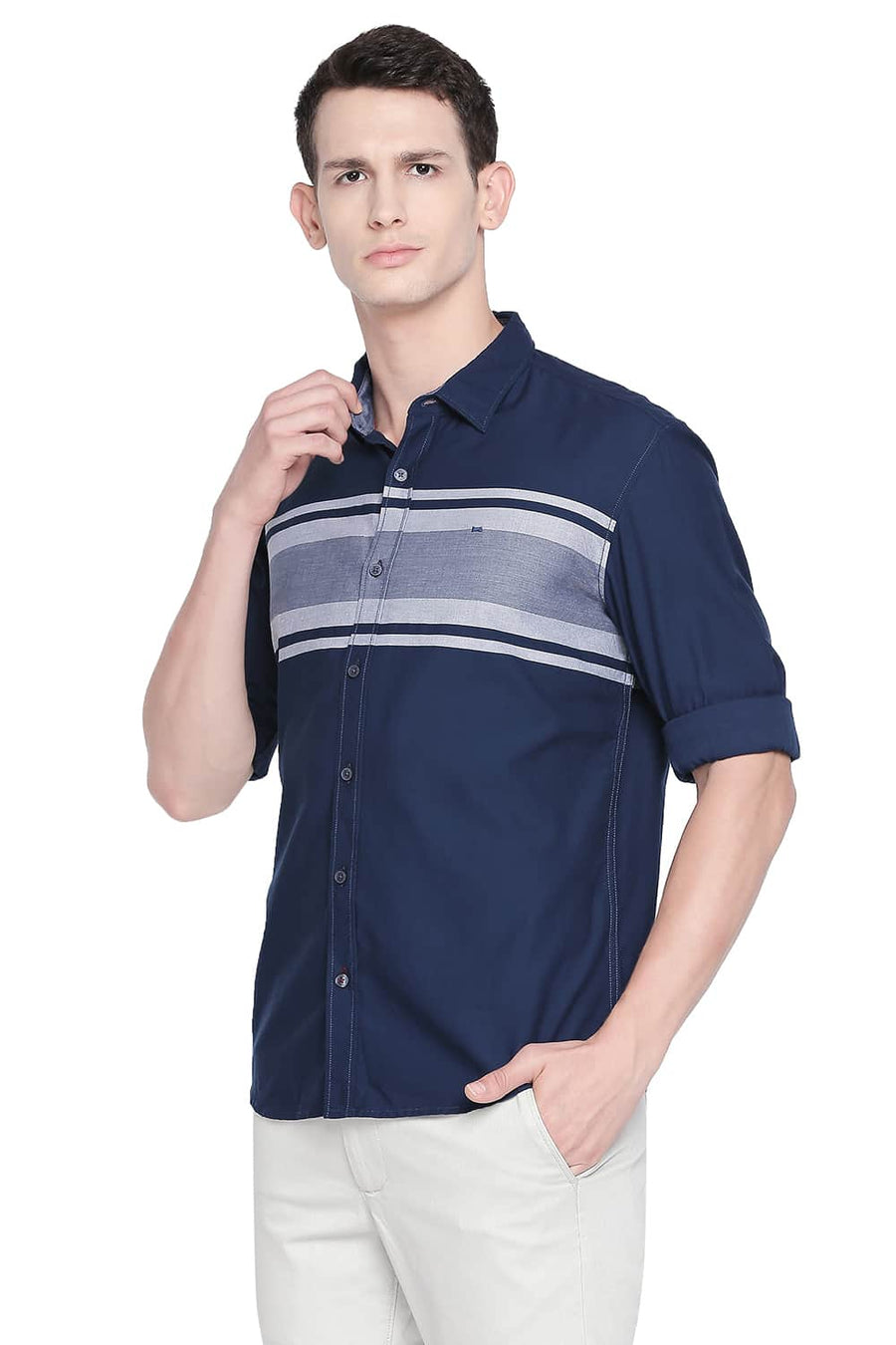 BASICS SLIM FIT BLUE DEPTHS ENGINEERED STRIPES SHIRT