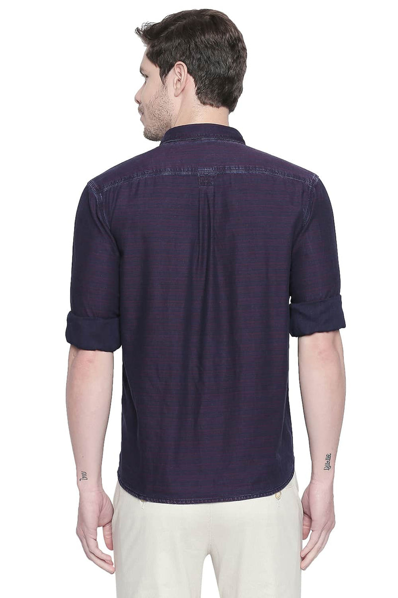 BASICS SLIM FIT INDIGO WEFT STRIPES SHIRT