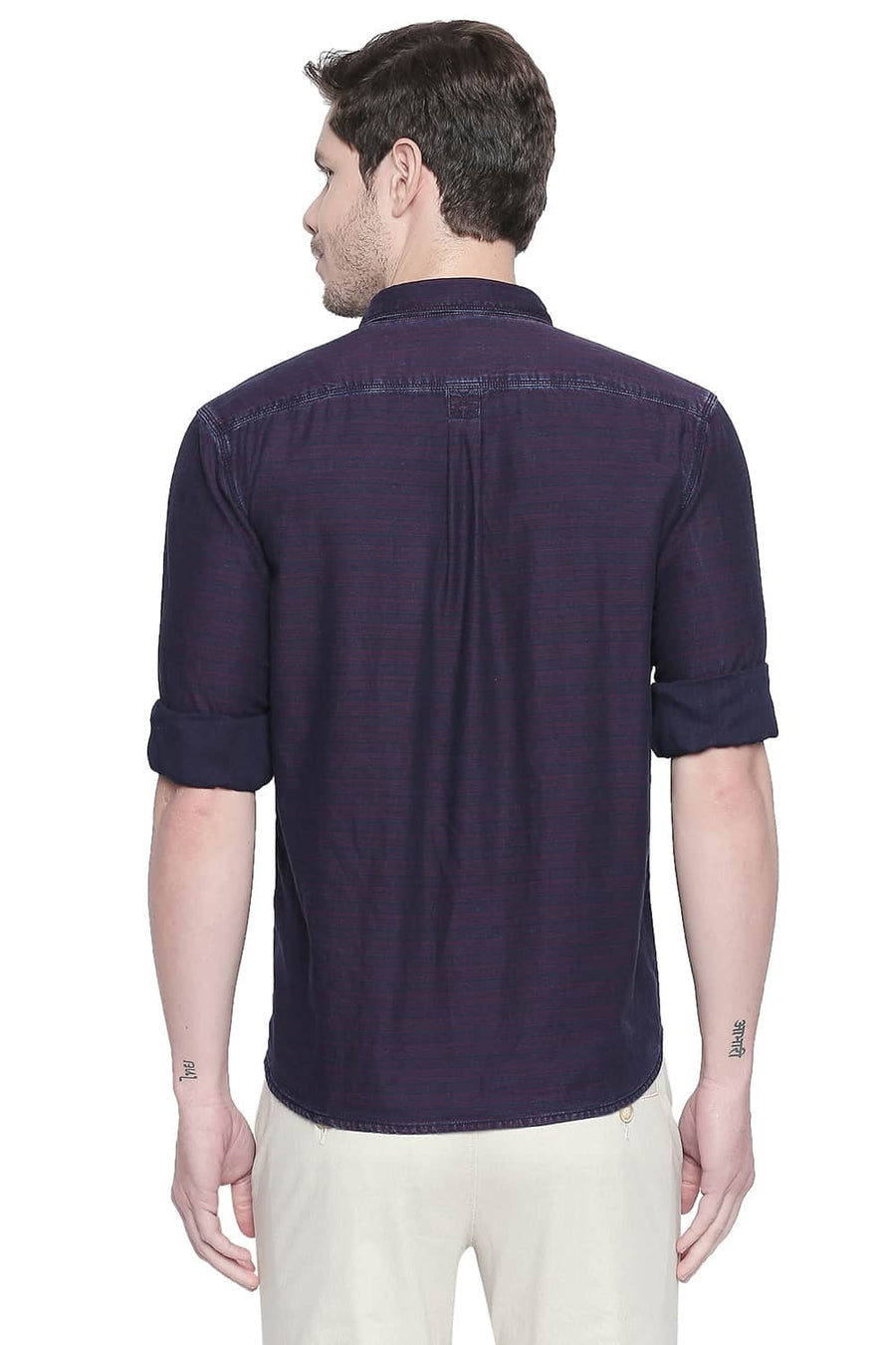 BASICS SLIM FIT RHUBARB RED INDIGO WEFT STRIPES SHIRT