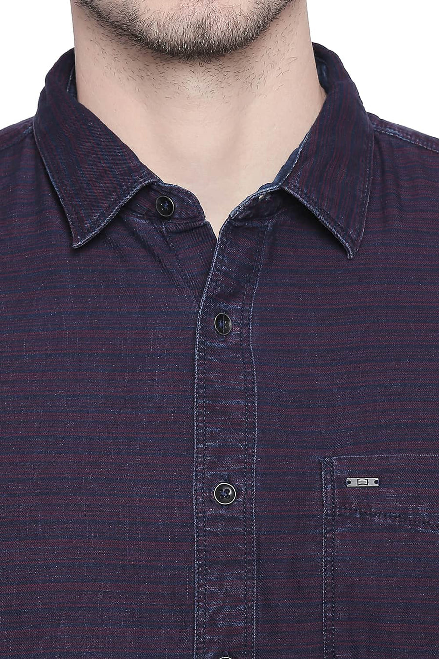 BASICS SLIM FIT RHUBARB RED INDIGO WEFT STRIPES SHIRT