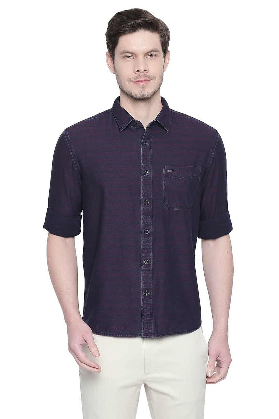 BASICS SLIM FIT RHUBARB RED INDIGO WEFT STRIPES SHIRT