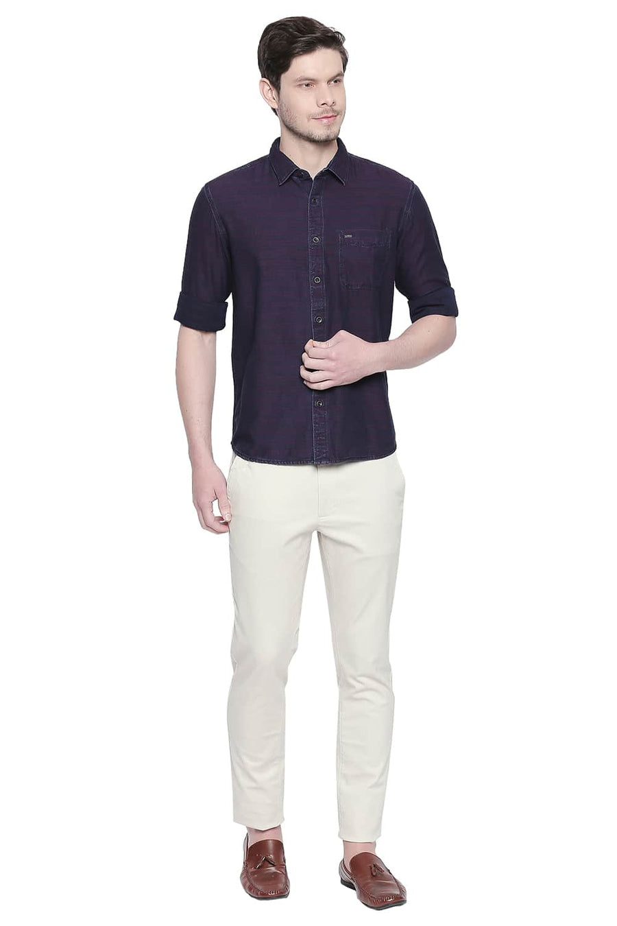 BASICS SLIM FIT RHUBARB RED INDIGO WEFT STRIPES SHIRT